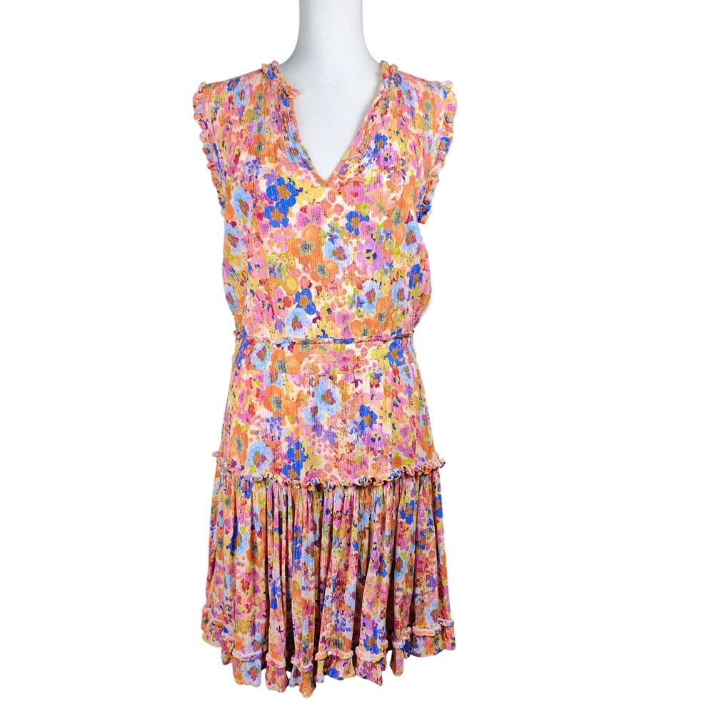 Dear John Melodie Dress Womens Large Pink Orange Floral Smocked Tiered Ruffle